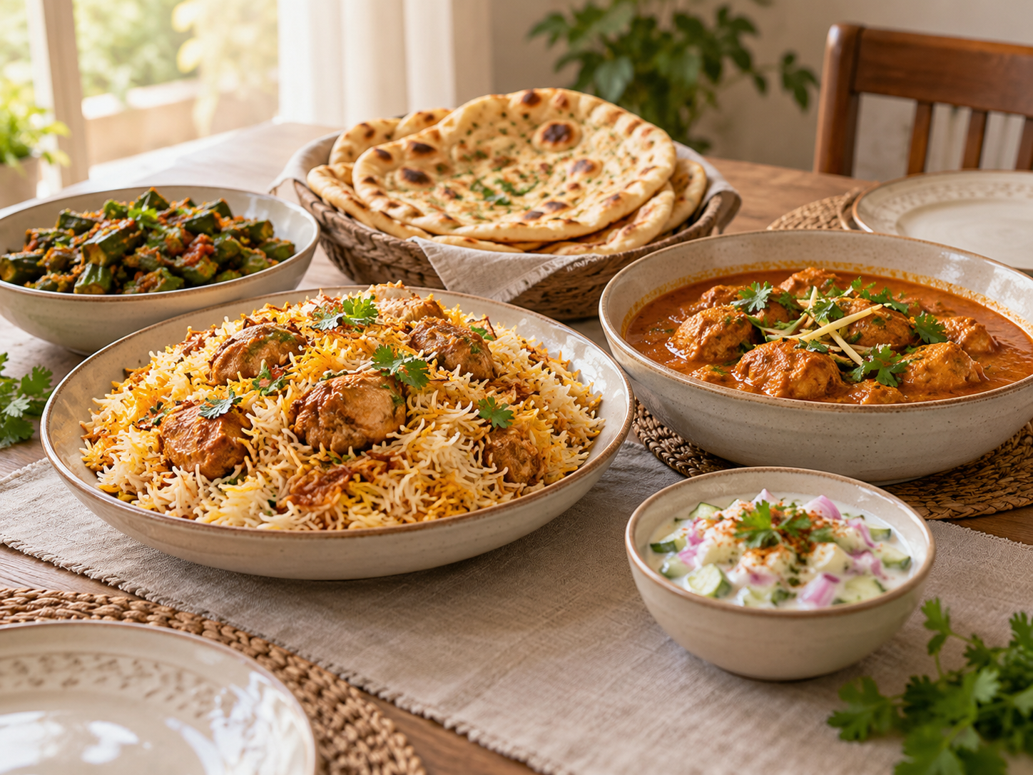 A homemade South Asian meal spread with rice, curry, flatbread, vegetables and raita